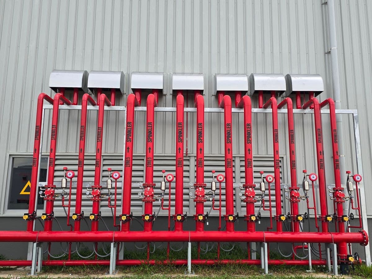 Red industrial fire suppression sprinkler pipes installed along a commercial factory wall